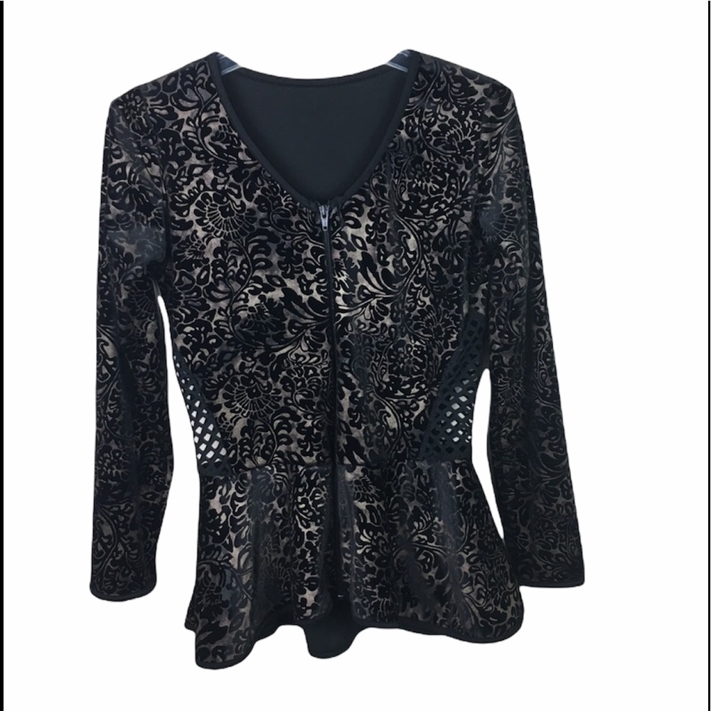 Art Stone black floral peplum top with mesh insert